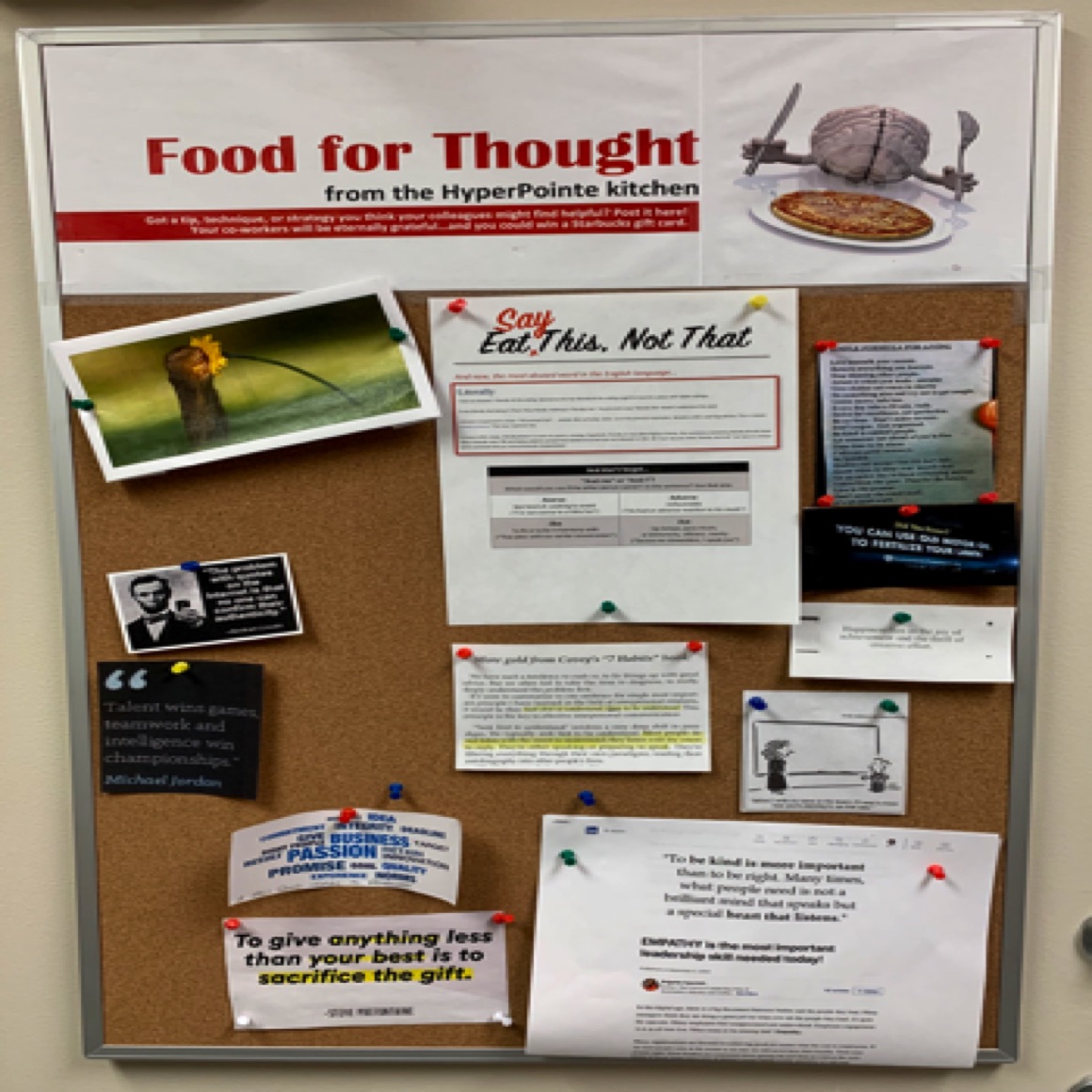 I created this bulletin board for the company kitchen as a way for colleagues to share tips, information, and inspiration.